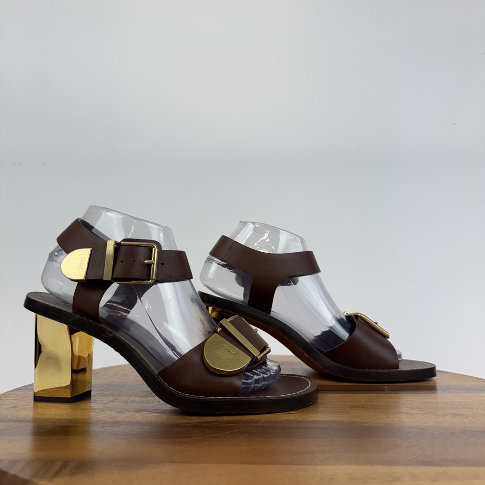 New Womens Chloe Rebecca Brown Leather Ankle Strap Heeled Sandals Size 38‎ NWOB